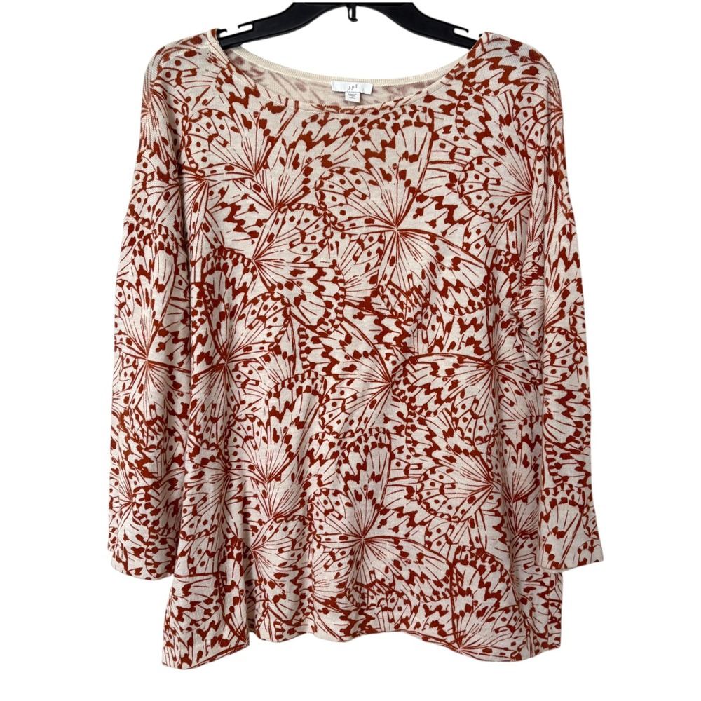 J. Jill Womens L Petite Sweater Rust Orange Butterfly Print Knit Whimsical Boho